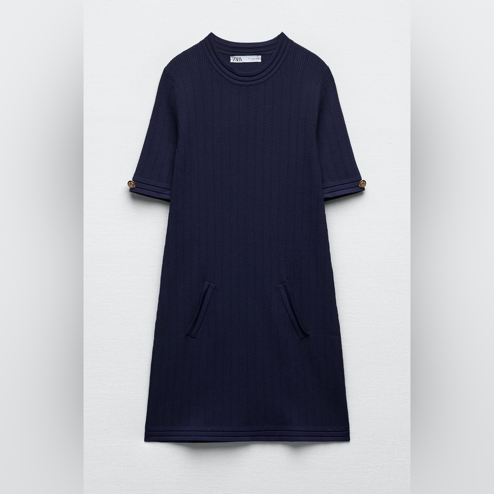 ZARA Gold Button Navy Knit Mini Dress • SIZE S • Excellent Condition